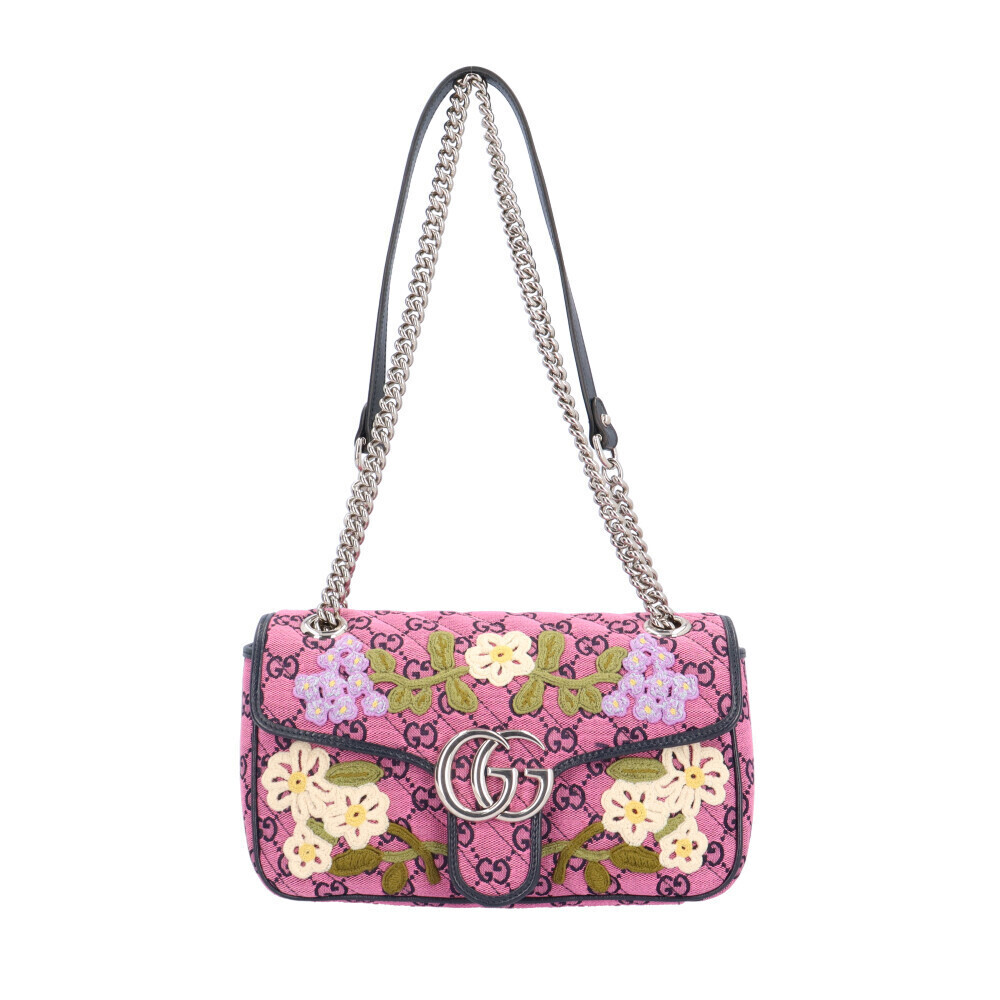 Gucci GG Multicolor Flower Embroidered Shoulder Bag Canvas Pink